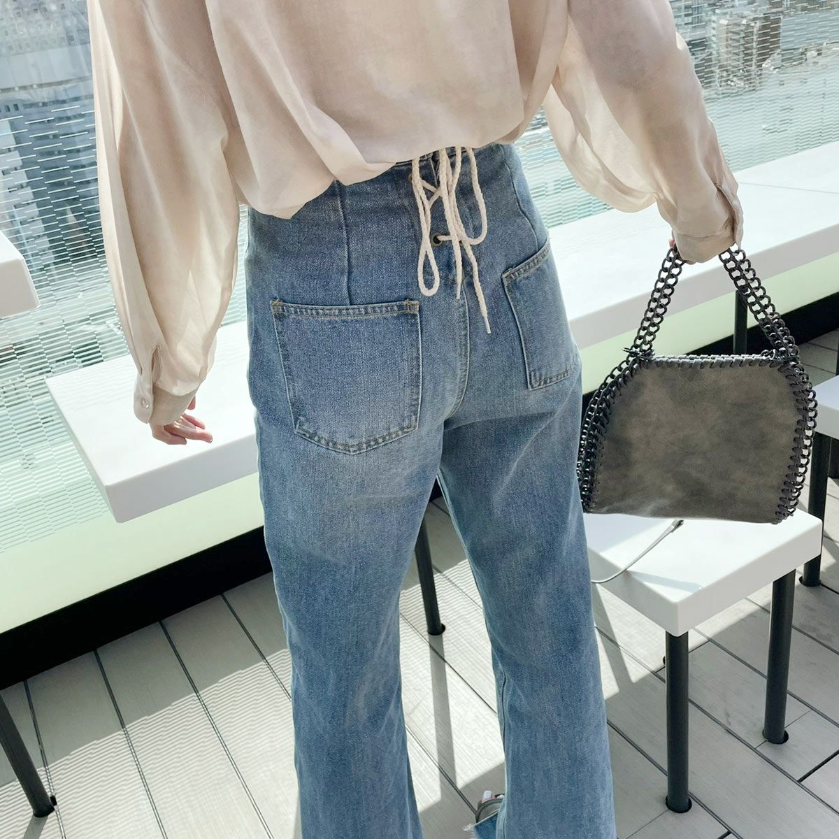 あちゃちゅむ　バックレースアップデニム 美脚見え】バックレースアップデニムワイドパンツ | La boutique