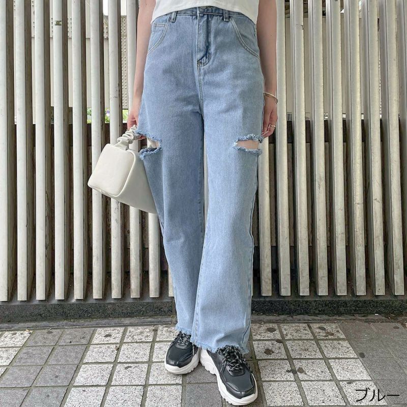 春夏 サイドダメージ ワイドデニムパンツ サイドダメージワイドデニムパンツ（デニムパンツ）｜KOBE