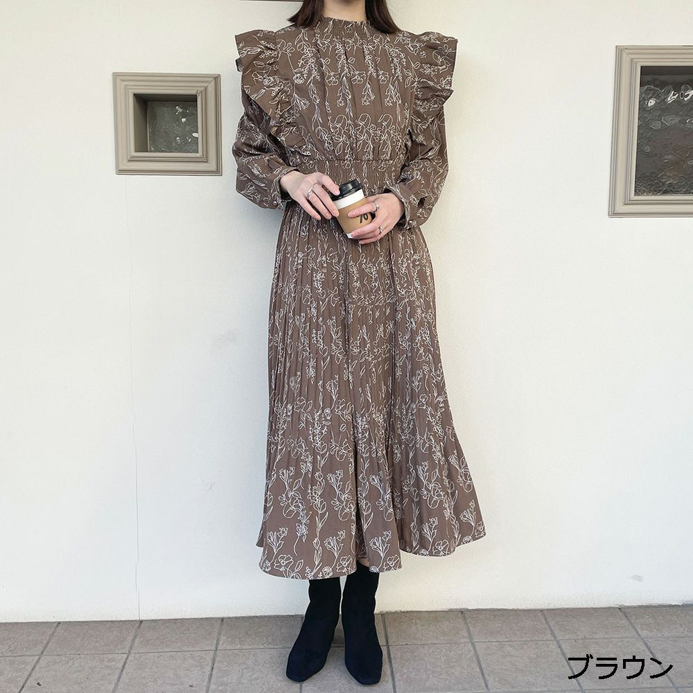 お花レースフリルシャーリングワンピース 花柄フリルシャーリングワンピース | GORGE