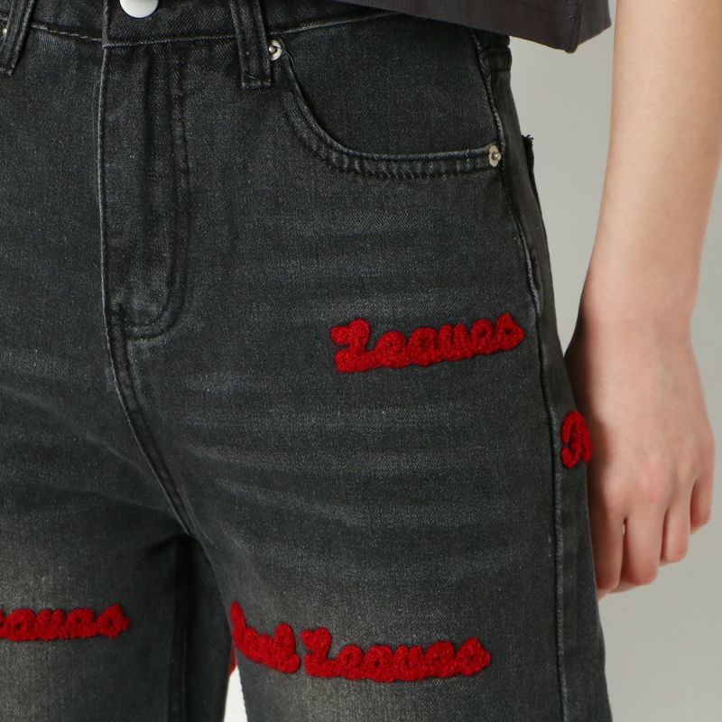 ロゴサガラ刺繍×ストレート》レディース デニムパンツ ワイド ハイ