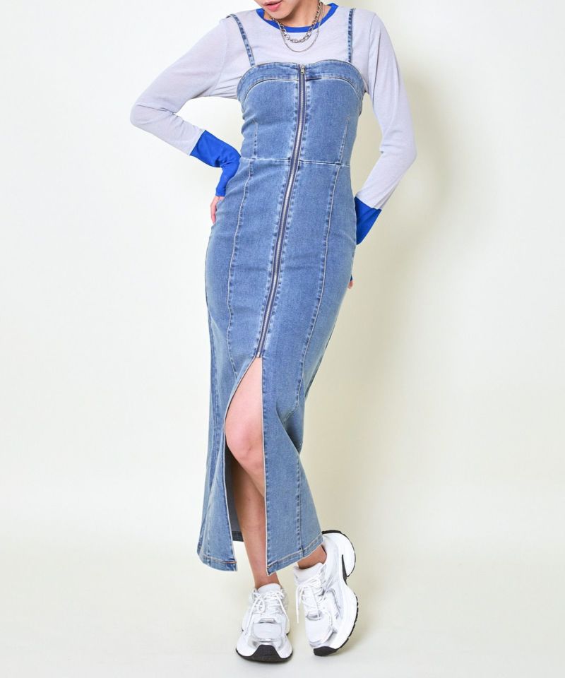 スリット×タイトライン》レディース デニムロングワンピース ジップ