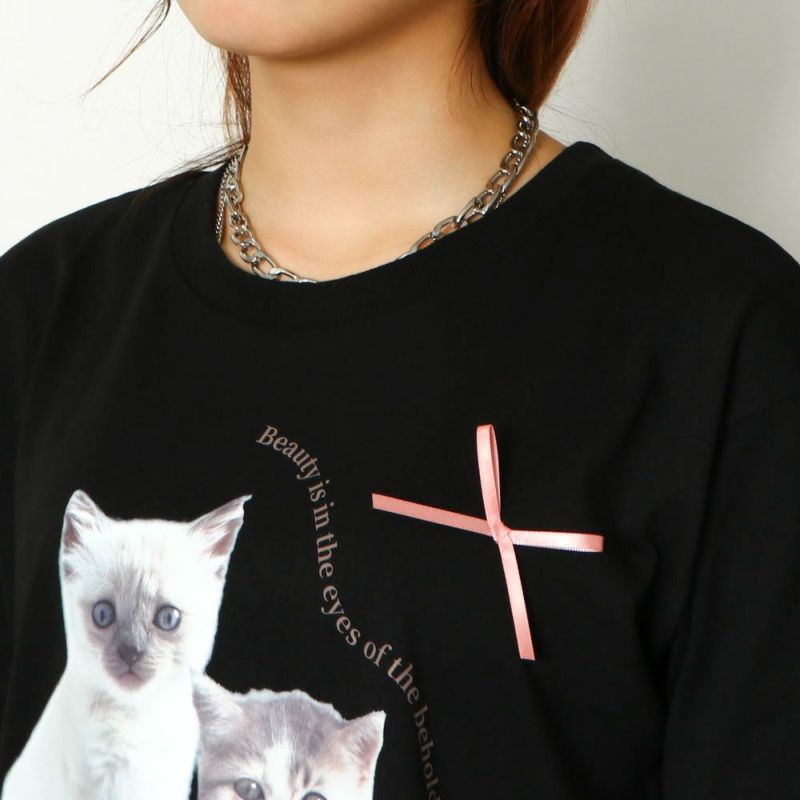 markgong 猫プリント リボン付き黒Tシャツ 立体リボン×猫プリント》レディース 半袖Tシャツ クロップド丈