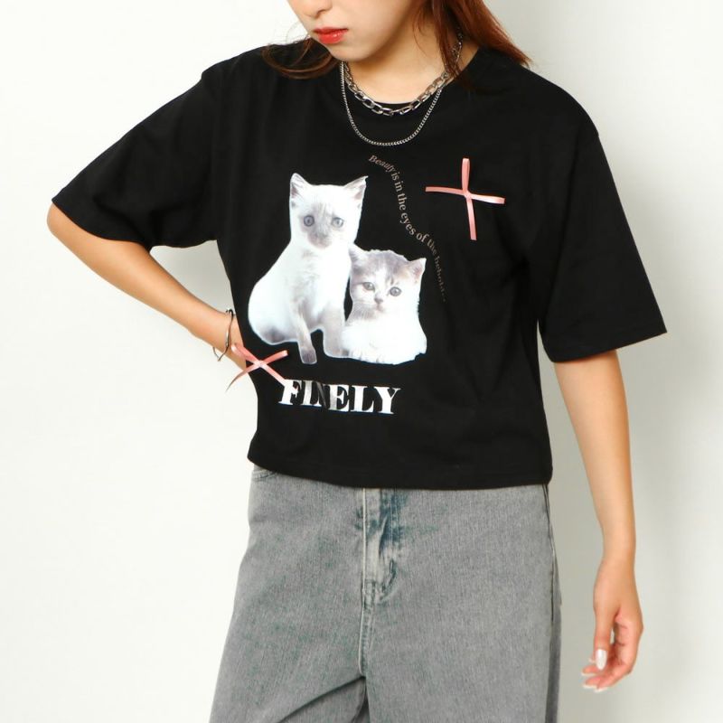 markgong 猫プリント リボン付き黒Tシャツ 黒蝶々リボンと猫プリントTシャツ【4(L)】 - ピンクハウス通販