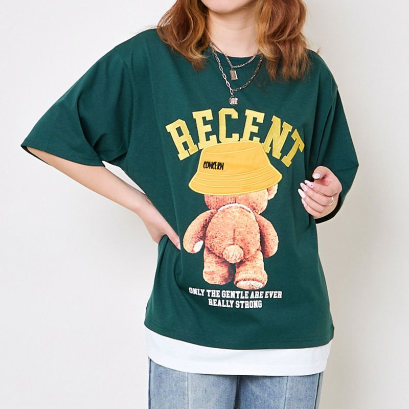 レイヤード風×ロゴ刺繍×クマプリント》レディース オーバーサイズT