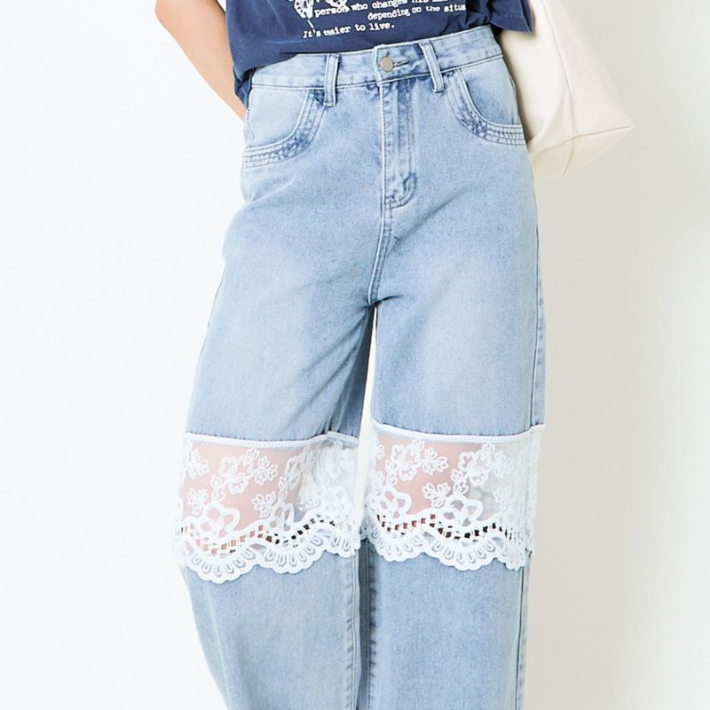 レース付きワイドレッグデニムパンツ 試着対象】SOMETHING LISAレースアップワイドデニムパンツ