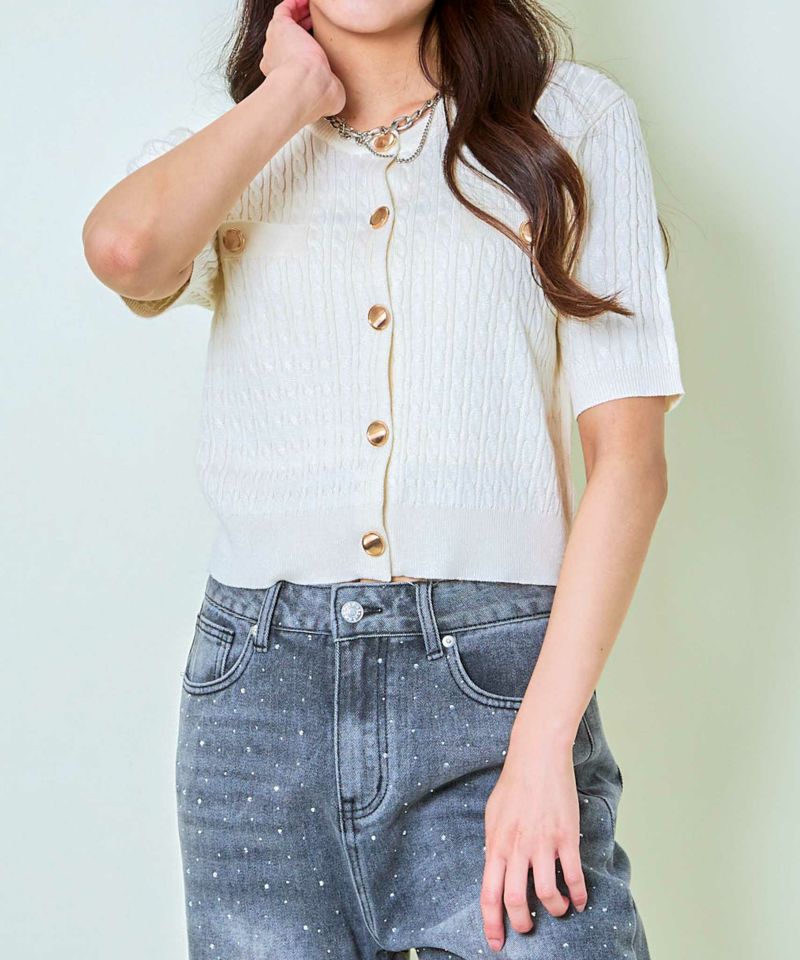 ライトブルー ボタン付きカーディガン 半袖 GU ジーユー メタルボタンカーディガン（半袖）ライトブルー S