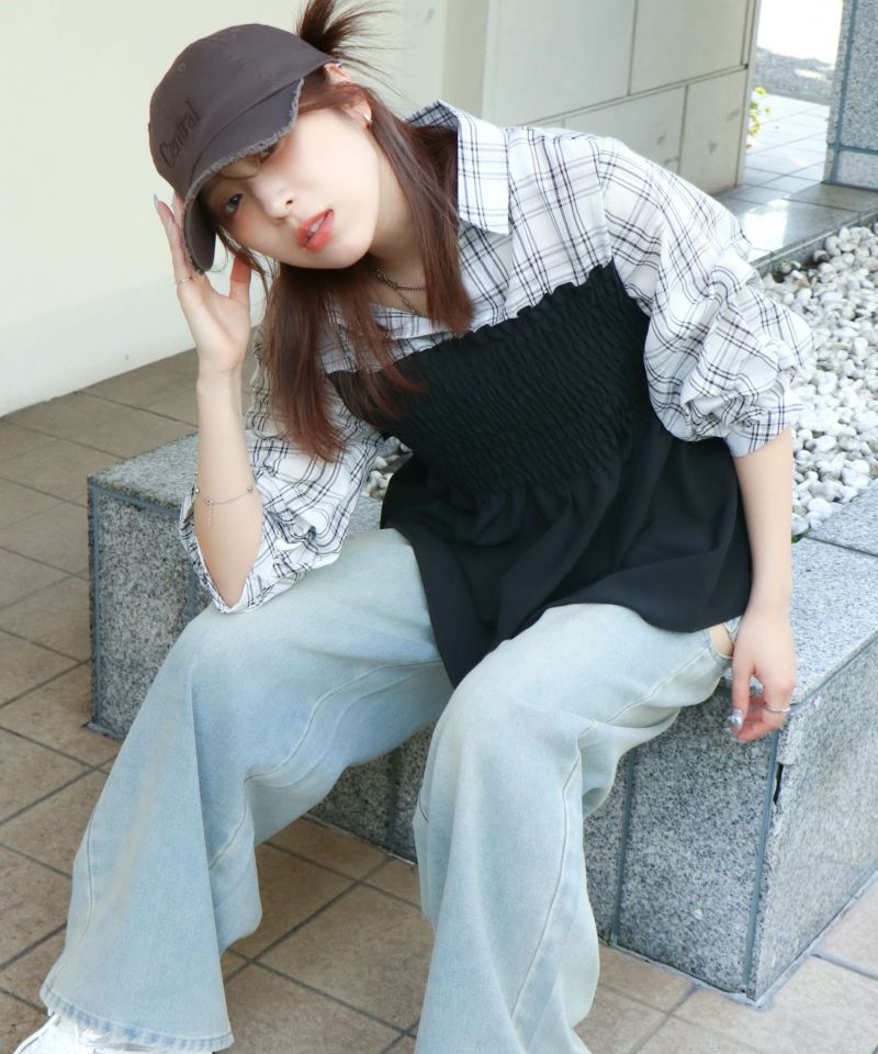 シャーリング×フェイクレイヤード》レディース ドッキングシャツ