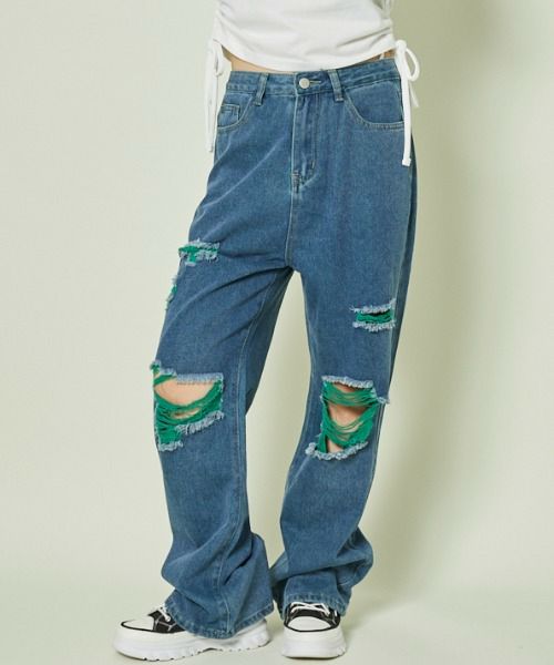 カラーダメージ×映えクラッシュ》Y2Kデニムパンツ | GORGE