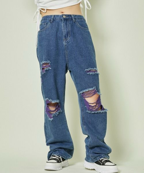 希少　vintage y2k クラッシュデニム　ダメージデニム　ストレートデニム ダメージジーンズ ビンテージ加工ダメージストレートデニム