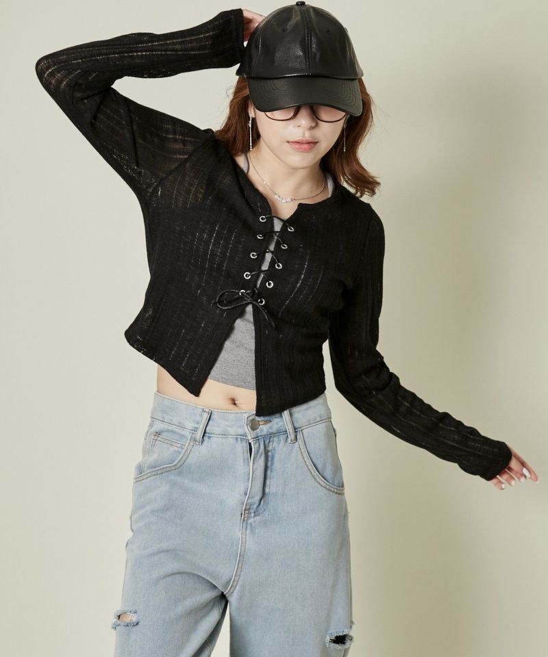 透け感リブ×レースアップ》華奢見えトップス | GORGE