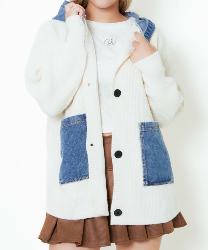 デニム切替×フード付き》レディース ニットパーカー風