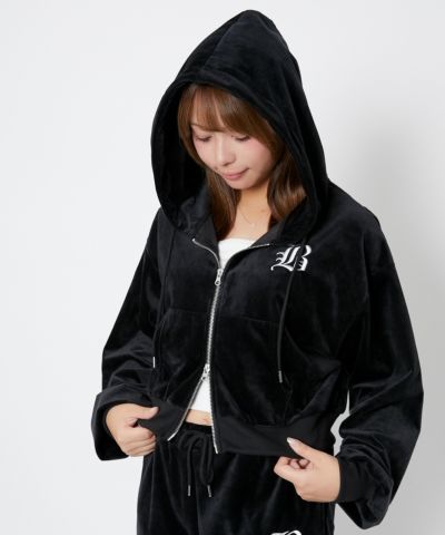 ODOR オドア ヒルトン ベロア ジップアップ ジップアップパーカーフード付き ベロア×ロゴ刺繍》レディース ジップパーカー フーディ セットアップ