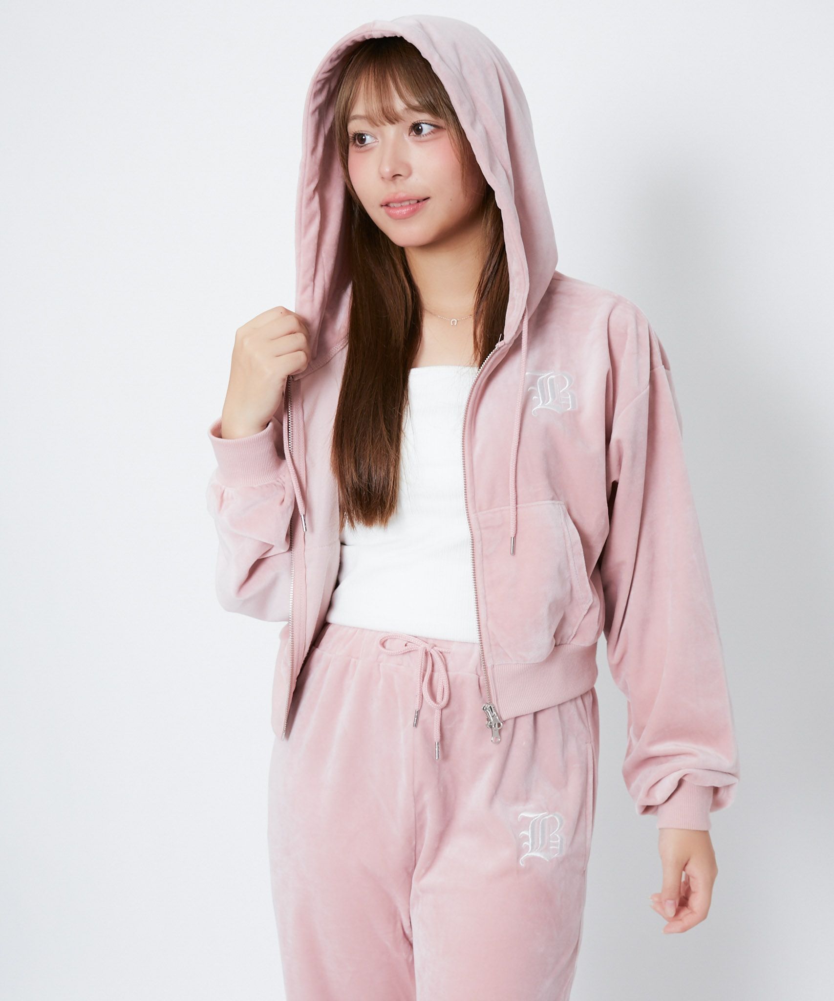 ベロア×ロゴ刺繍》レディース ジップパーカー フーディ セットアップ