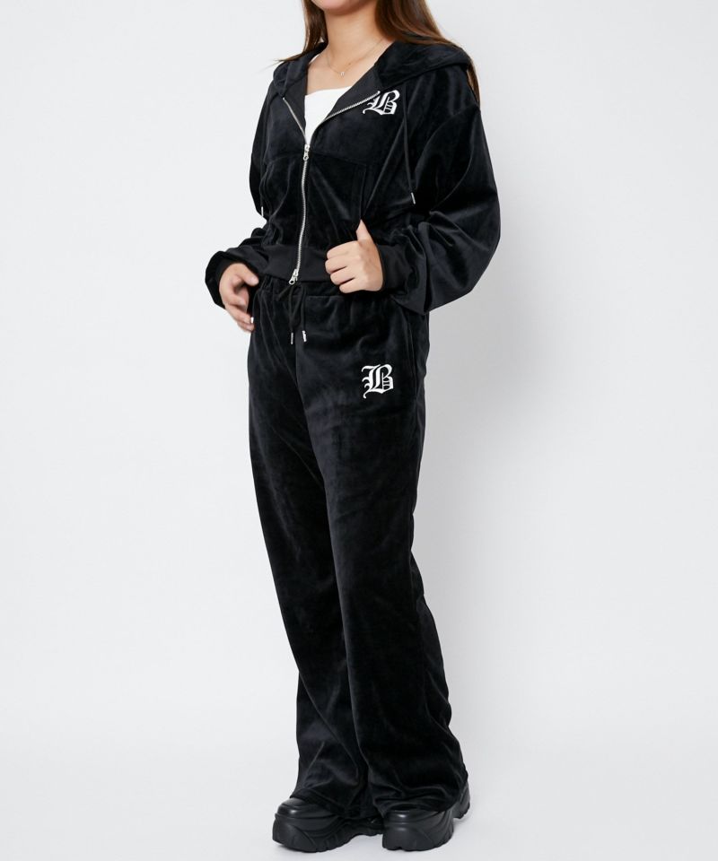 ベロア×フレアシルエット》レディース ロゴ刺繍パンツ セットアップ