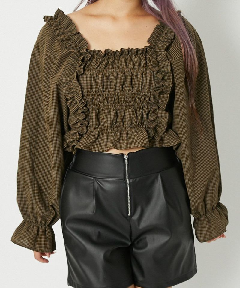 フリル×シャーリング》レディース チェック柄 ブラウス 長袖 トップス