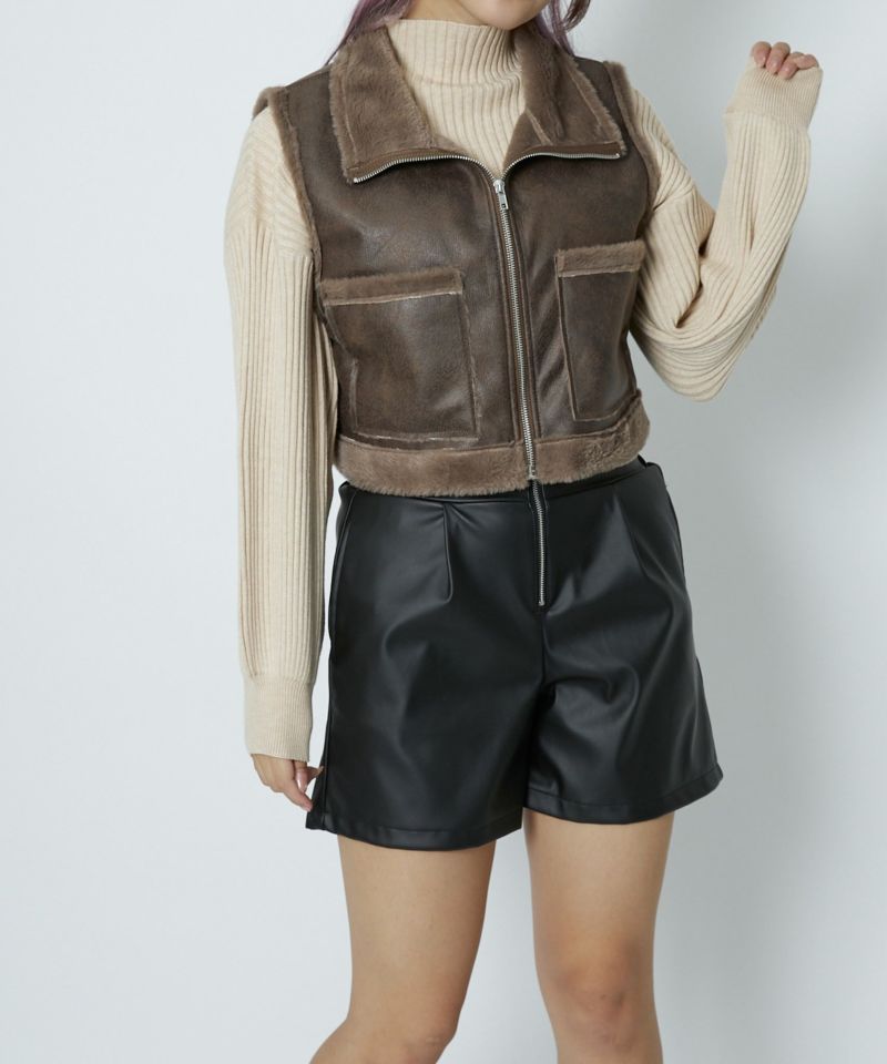 フェイクレザー×フェイクファー》レディース ジップベスト アウター