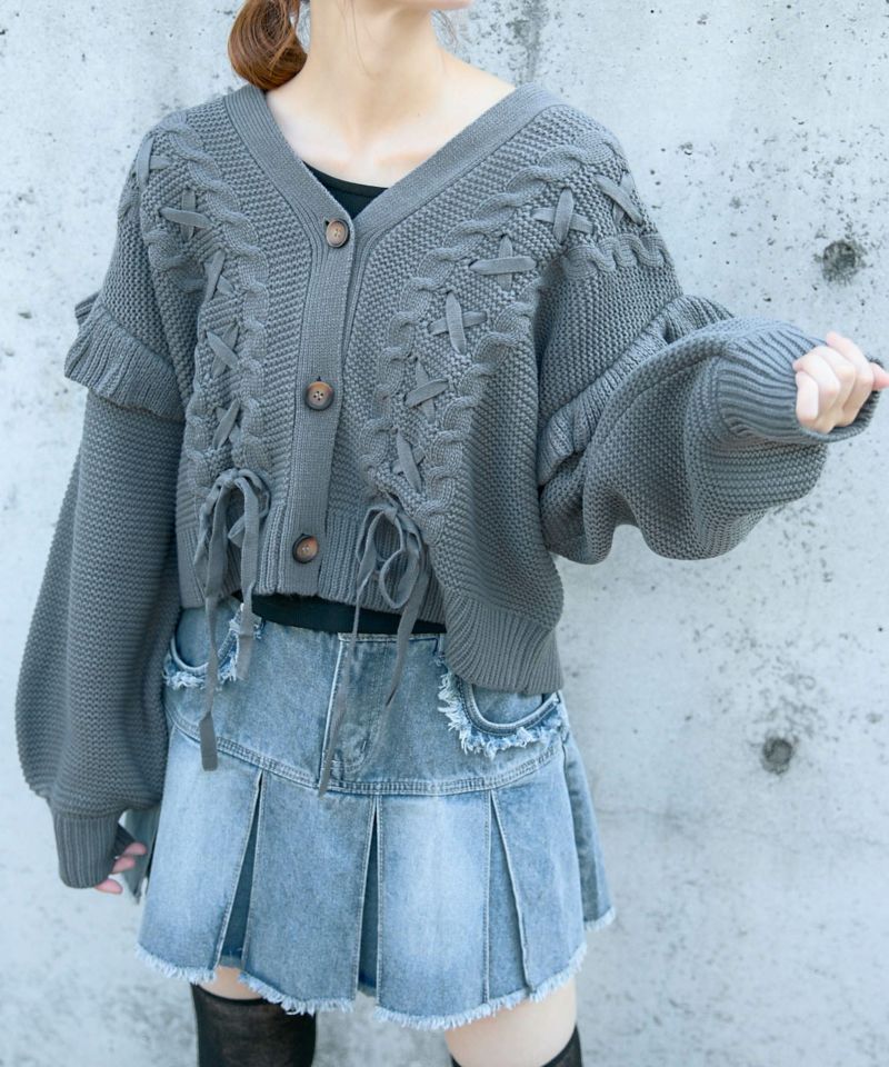 【める】Rene　2023年✨フードカーディガン フリルニットパーカー レースアップ×袖フリル》レディース ニットカーディガン ショート丈