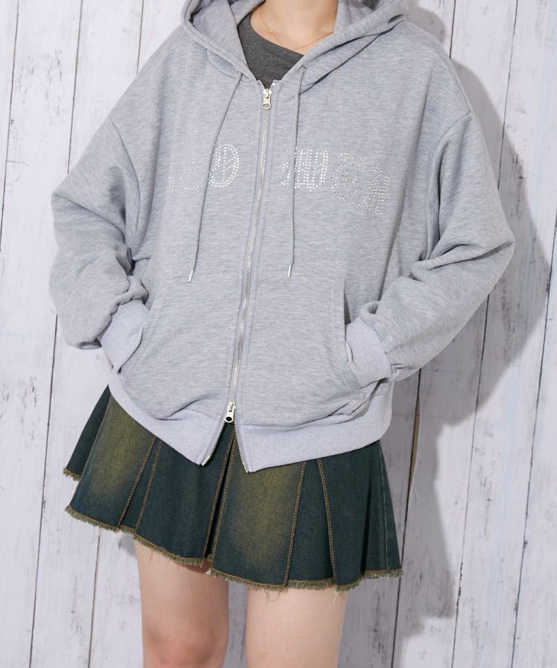 ラインストーンロゴ×ムラ染め風》レディース ジップパーカー 裏