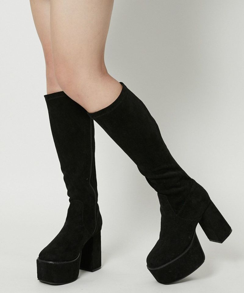 美脚魅せ×脚長効果》レディース 厚底ロングブーツ ストレッチ フェイク