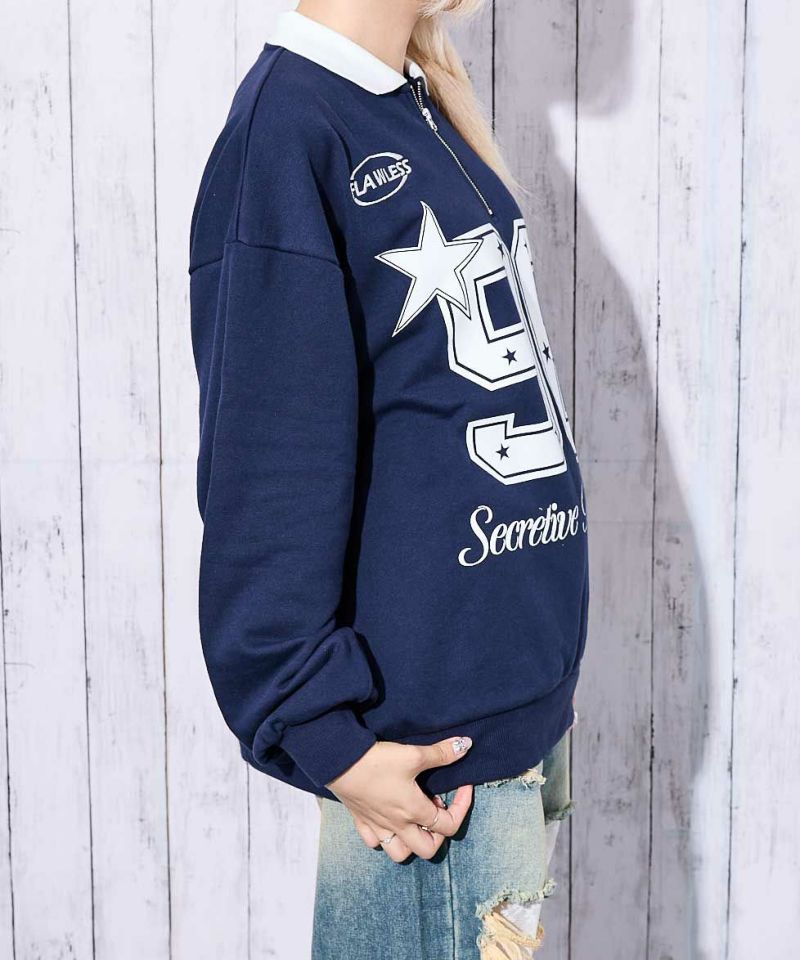 襟付き×ナンバリング》レディース 裏毛スウェット トレーナー ロングT