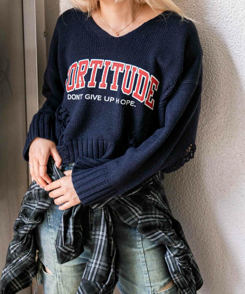 とんみ様オーダーページ ダメージ×ロゴ》レディース あぜ編み ニットプルオーバー 短丈