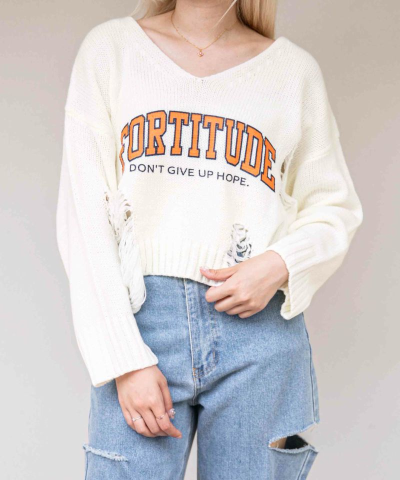 ダメージ×ロゴ》レディース あぜ編み ニットプルオーバー 短丈