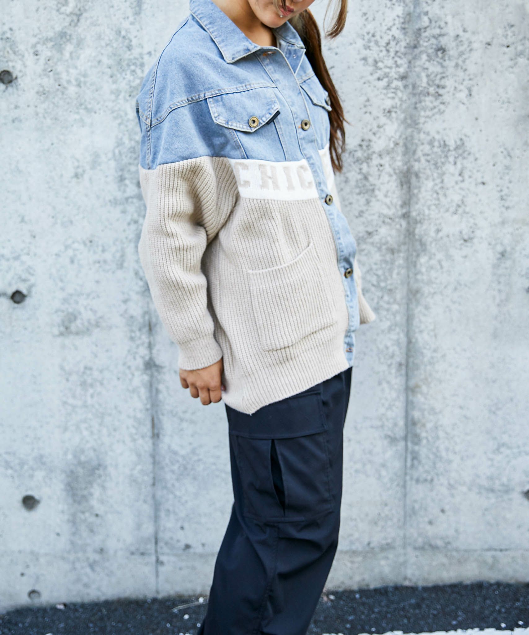 デニム×ニット切替》レディース Gジャン 配色ロゴ入り 異素材MIX