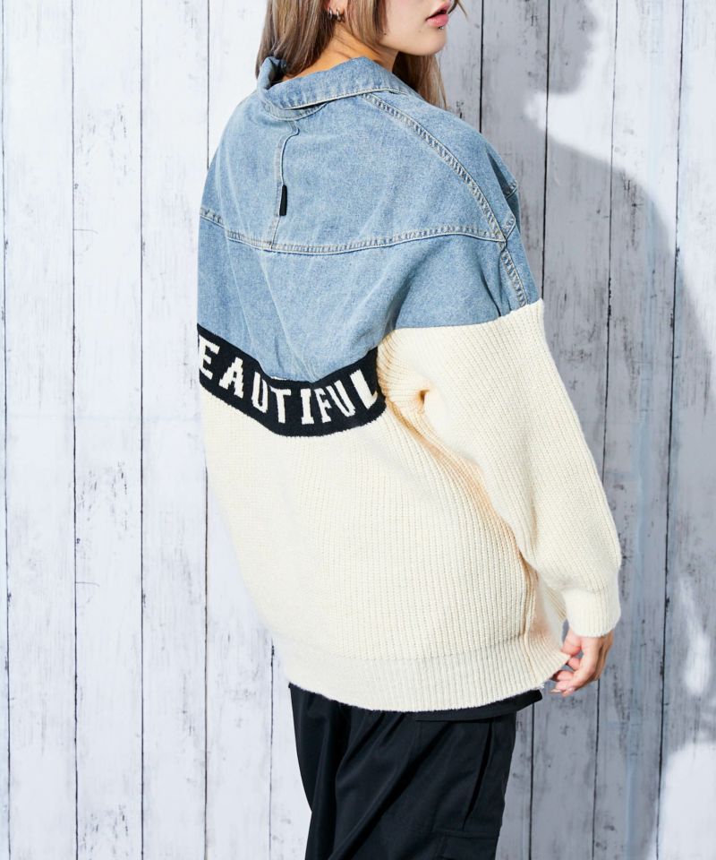 【美品】ダイアグラム ケーブルニット 切り替え デニムジャケット 異素材 デニム×ニット切替》レディース Gジャン 配色ロゴ入り 異素材