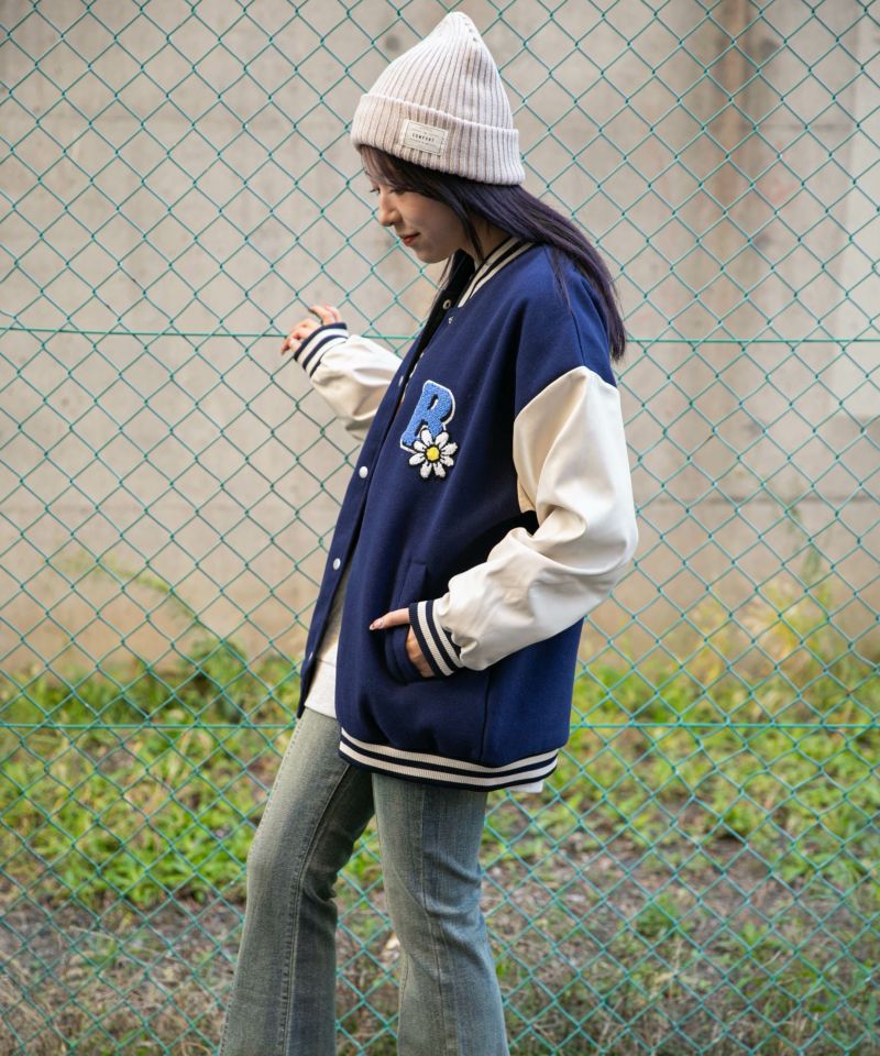 サガラ刺繍フラワー×ロゴ》レディース スタジャン カレッジ風 アウター