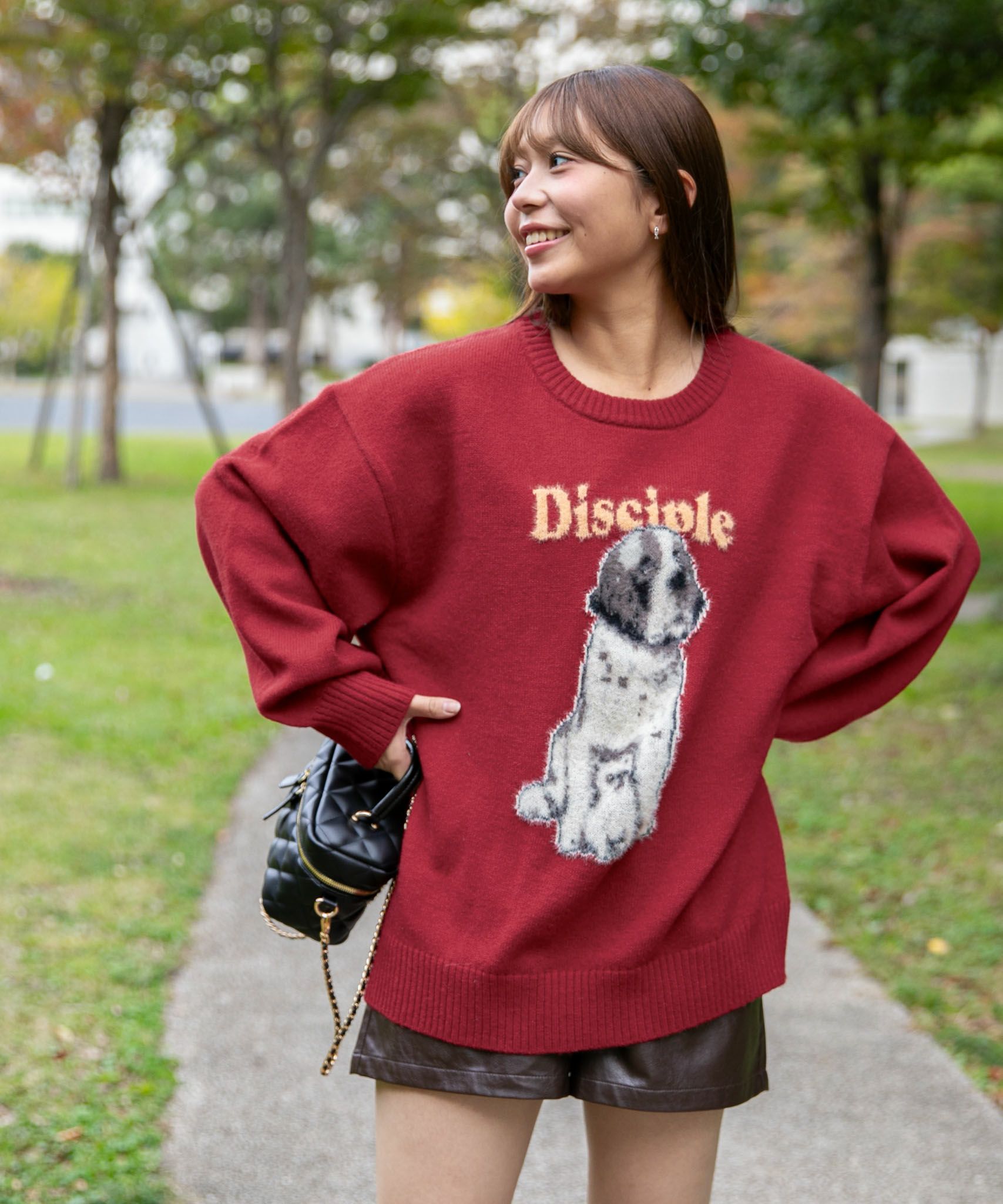 ドッグプリント×ロゴ》レディース ニットプルオーバー カジュアル ゆる