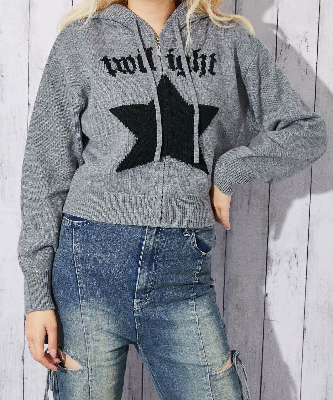 星モチーフ×ジップアップ》レディース ニットパーカー クロップド丈 冬