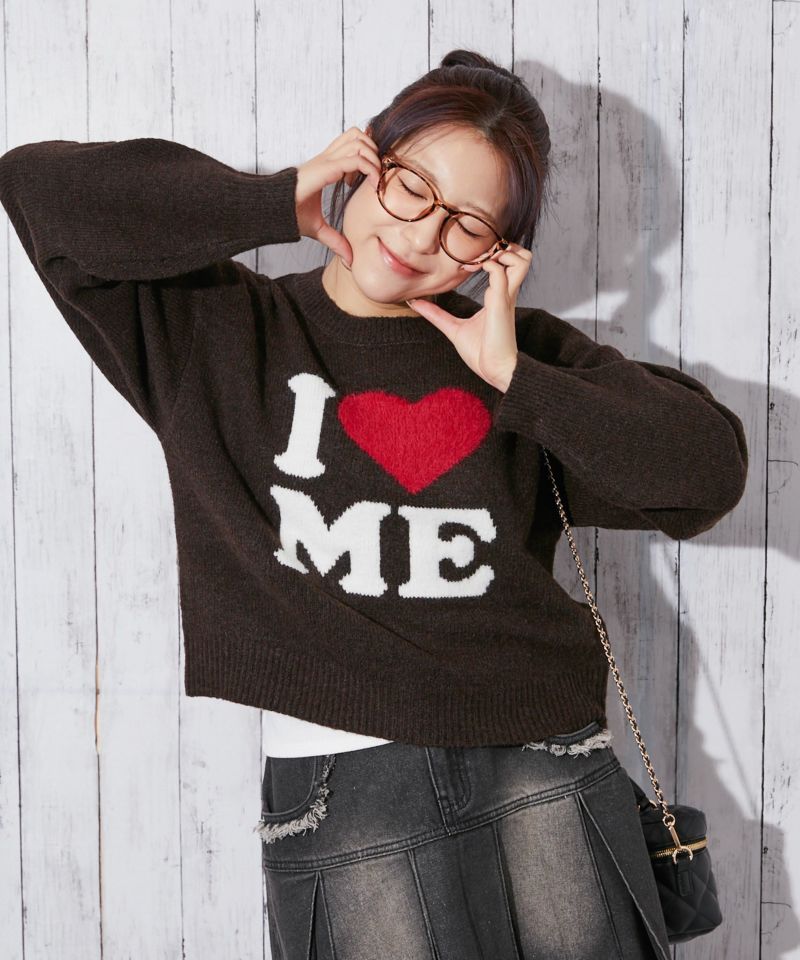 ハートロゴ×ショート丈》レディース ニットプルオーバー 長袖