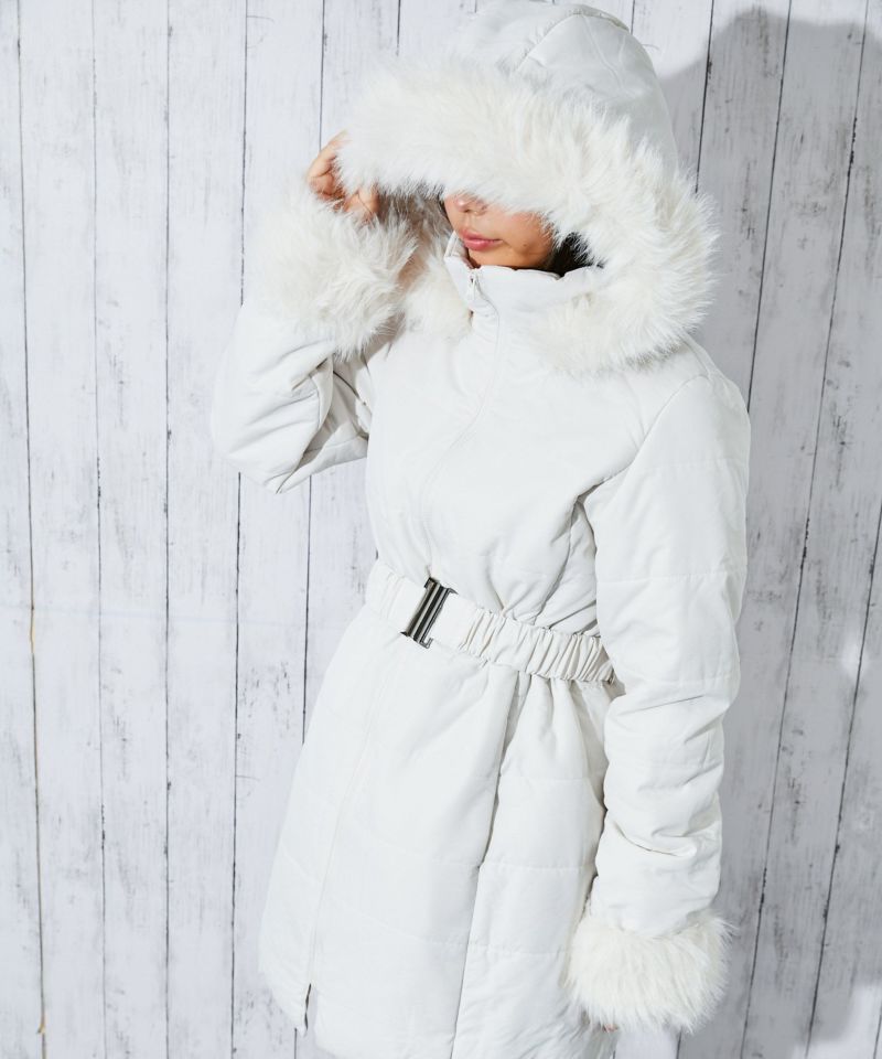 ファーフード×ベルト付き》レディース 中綿ロングコート 袖