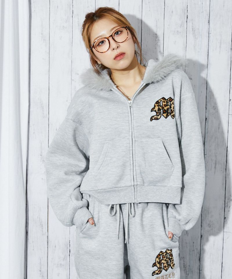 ファーフード×ロゴ刺繍》レディース 裏起毛ジップパーカー