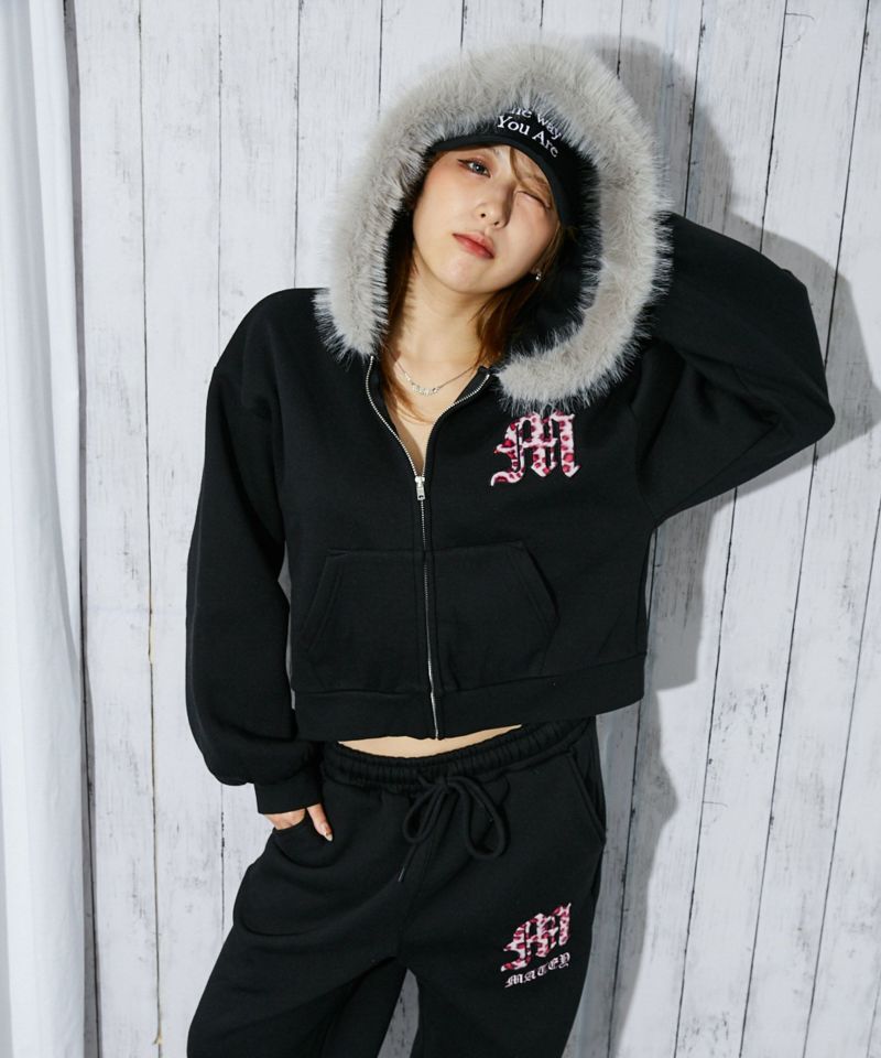 ファーフード×ロゴ刺繍》レディース 裏起毛ジップパーカー