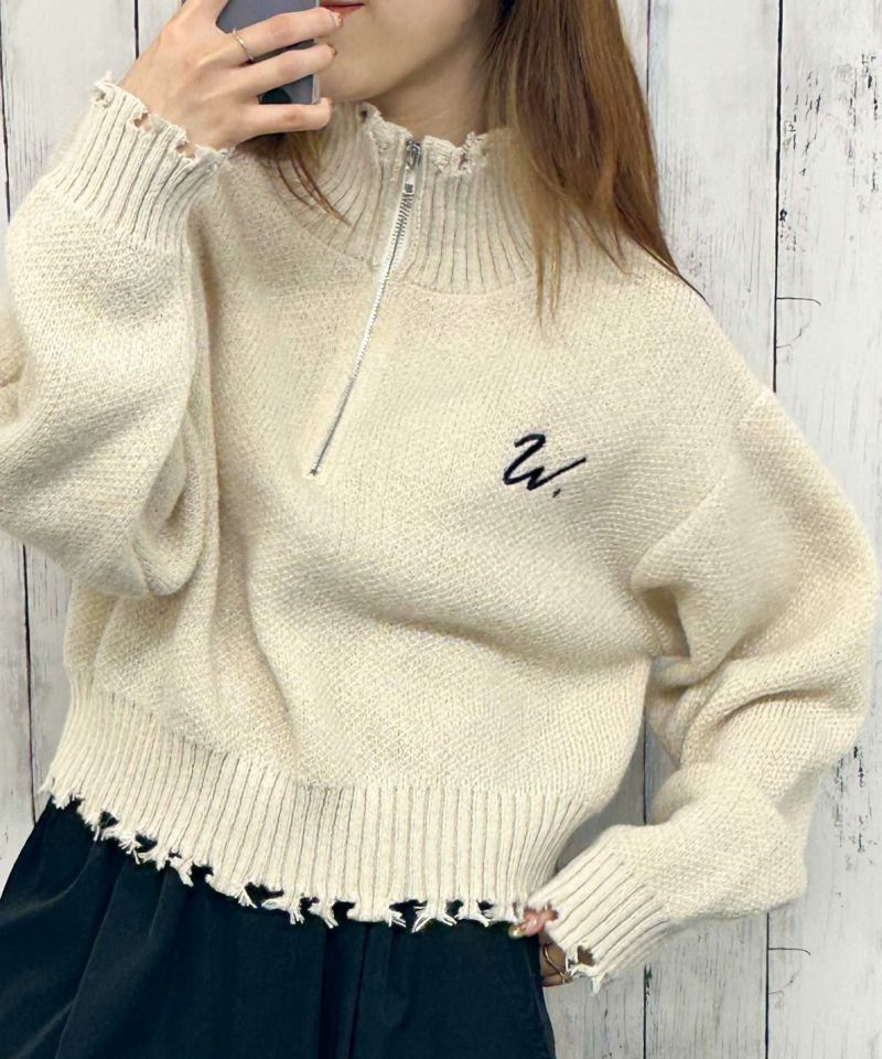 ダメージ×ハーフジップ》レディース ニットプルオーバー ショート丈