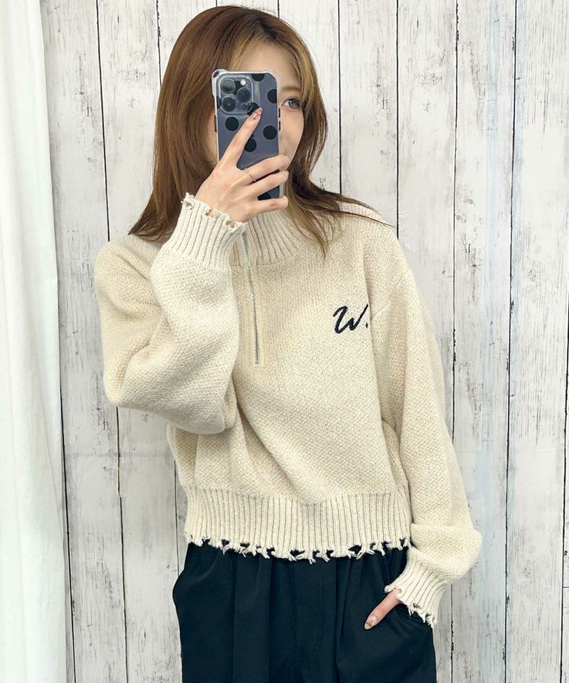 ダメージ×ハーフジップ》レディース ニットプルオーバー ショート丈