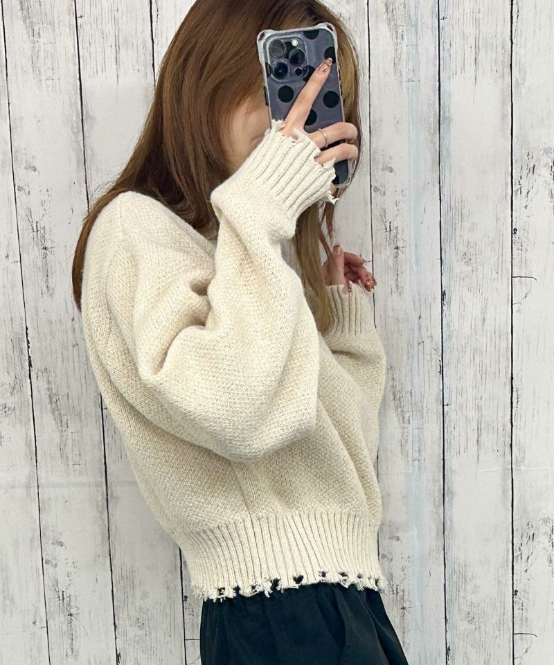 ダメージ×ハーフジップ》レディース ニットプルオーバー