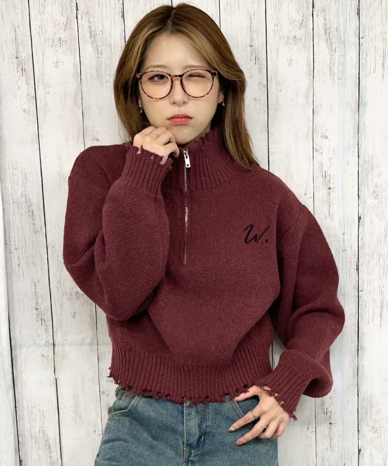 ダメージ×ハーフジップ》レディース ニットプルオーバー