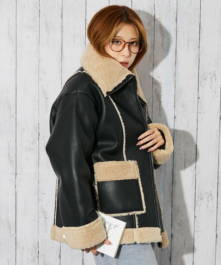ボア切替×ビッグカラー》レディース フェイクムートンジャケット