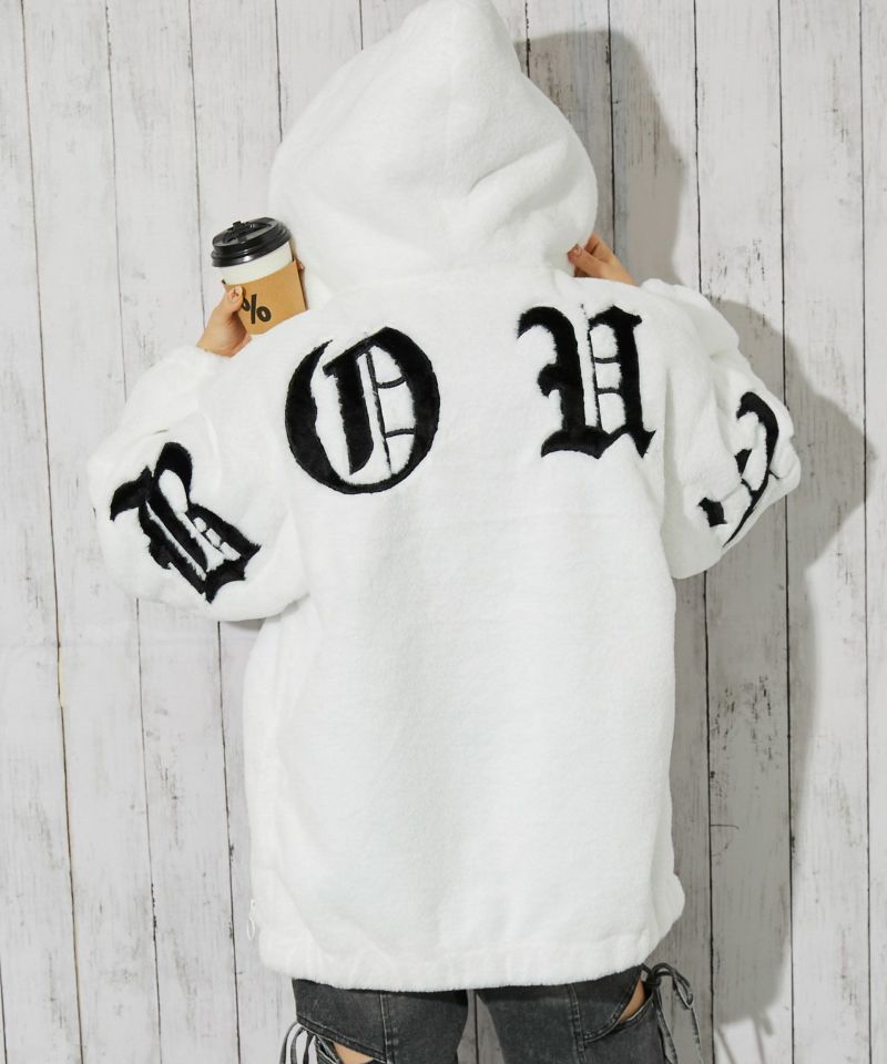 バックロゴ×ボリュームフード》レディース ファーブルゾン ジップ