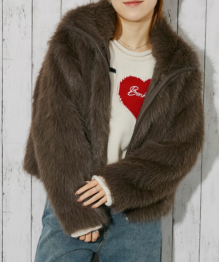 coca フェイクファースタンドカラーブルゾン ブラウン L