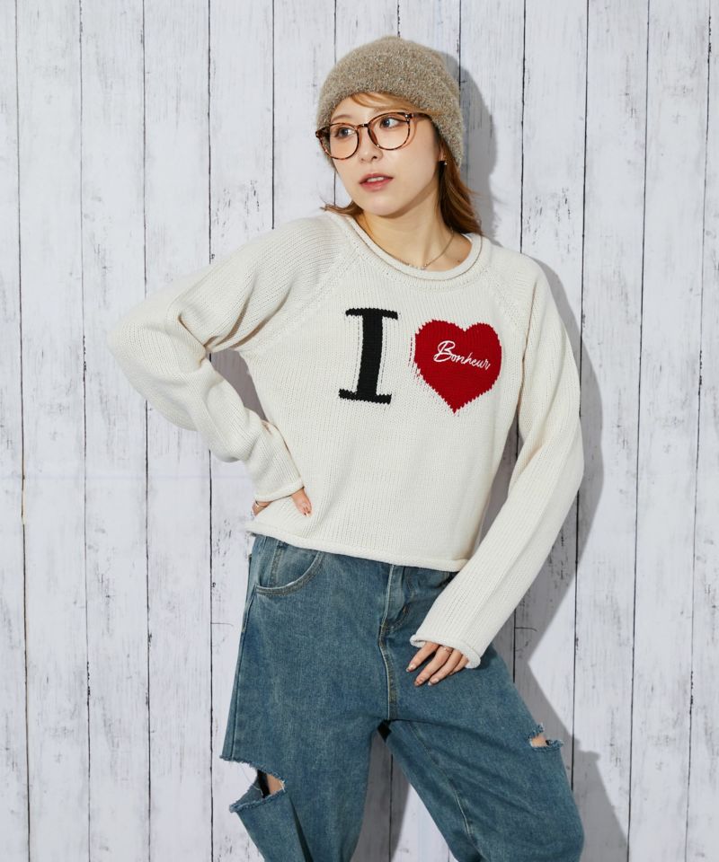 ハートロゴ×ラウンドヘム》レディース ニットトップス ガーリー