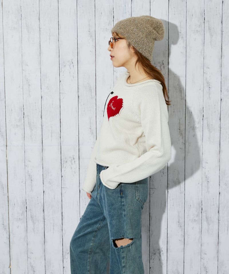 ハートロゴ×ラウンドヘム》レディース ニットトップス ガーリー