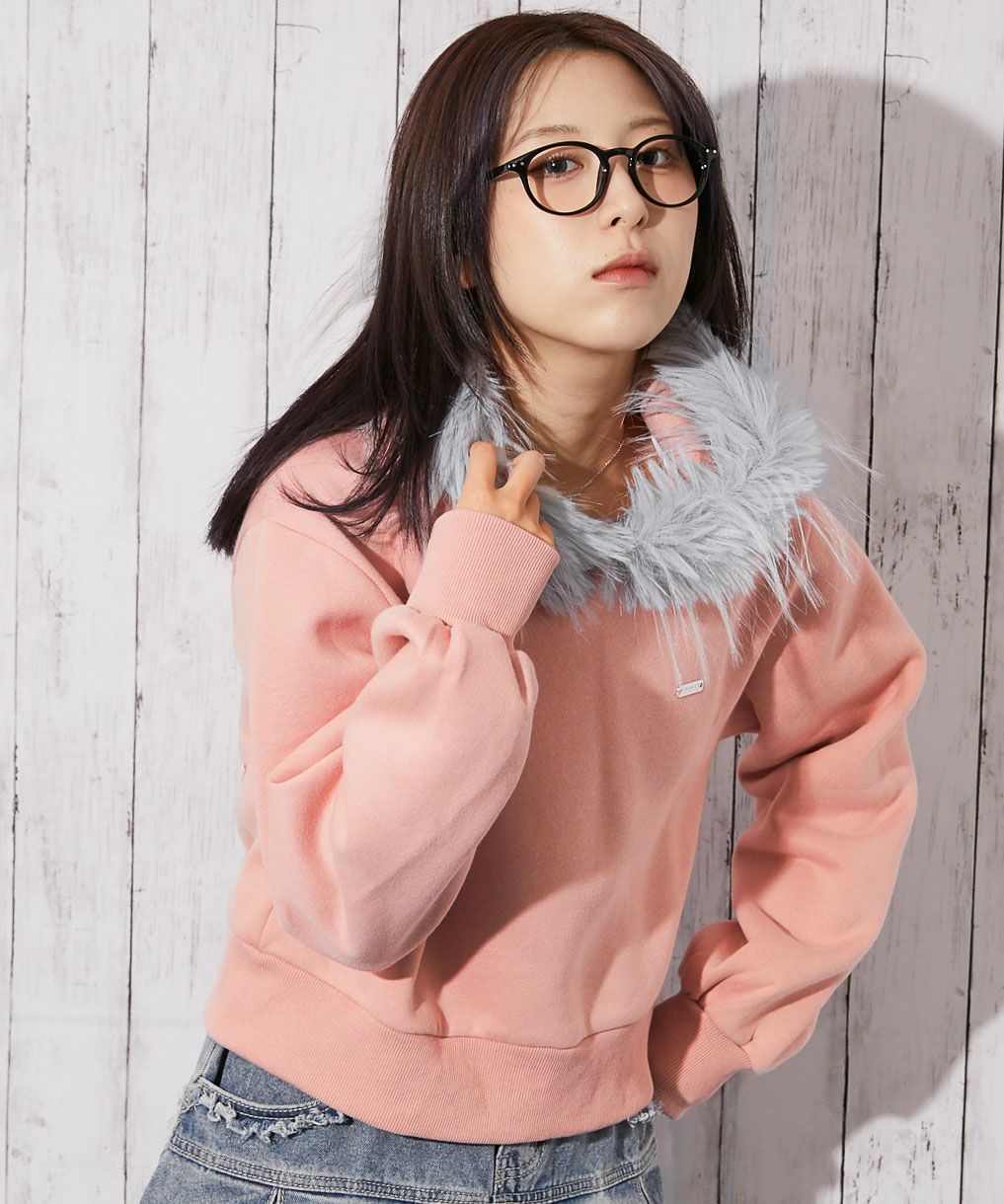 フェイクファーフード×ロゴ刺繍》レディース 裏起毛 プルパーカー