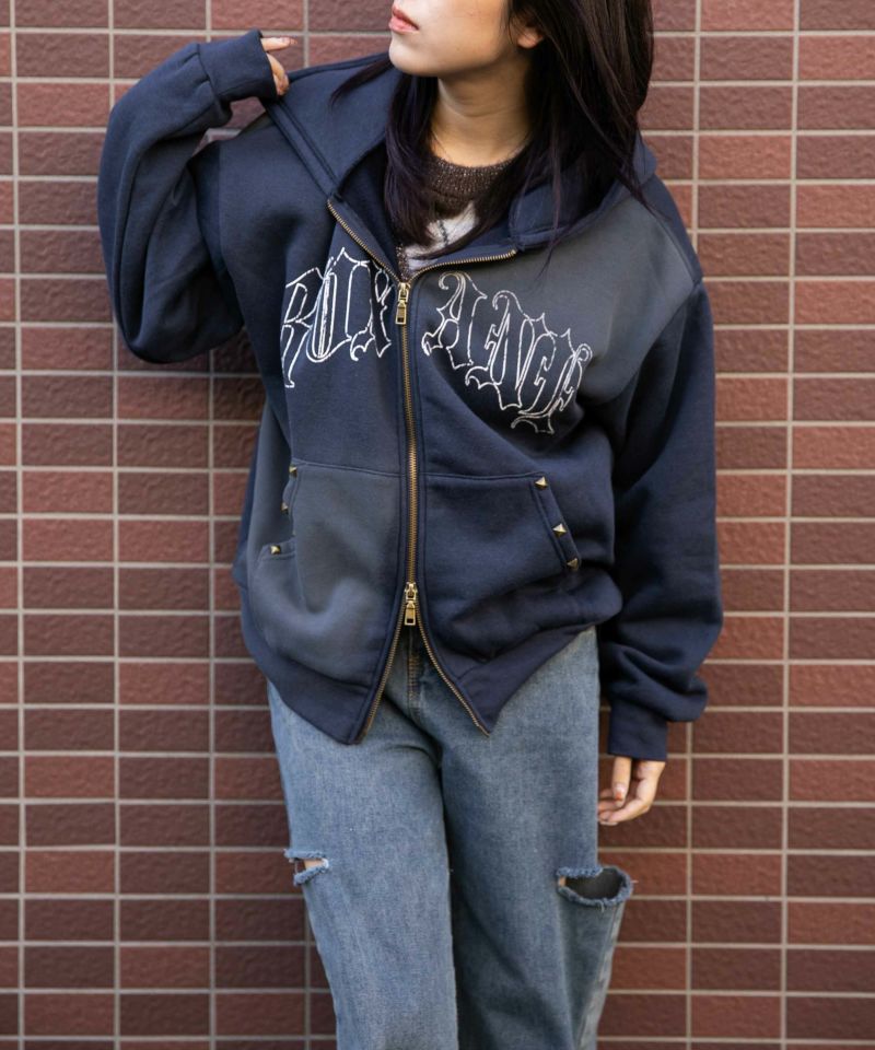 ネイビー ジップアップパーカー ロゴプリント フルジップパーカー ネイビー／ブレージングイエロー | 焼き餃子協会