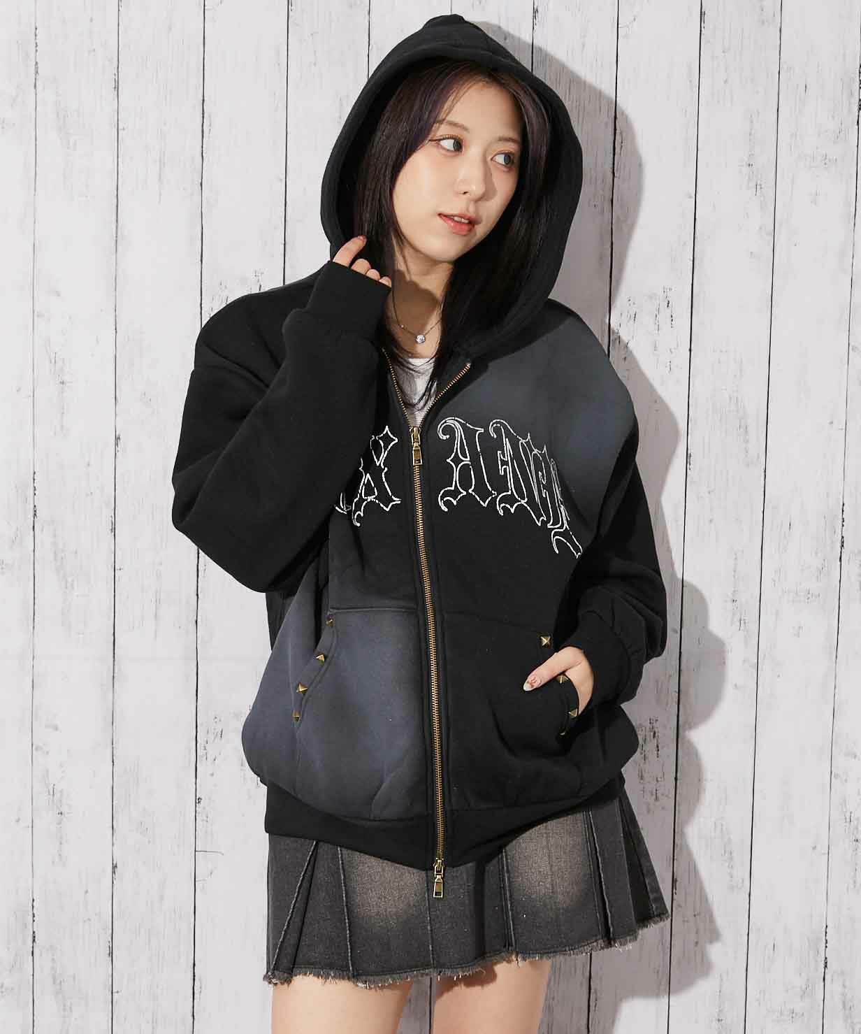 スプレー加工×ロゴプリント》レディース 裏起毛 ジップパーカー