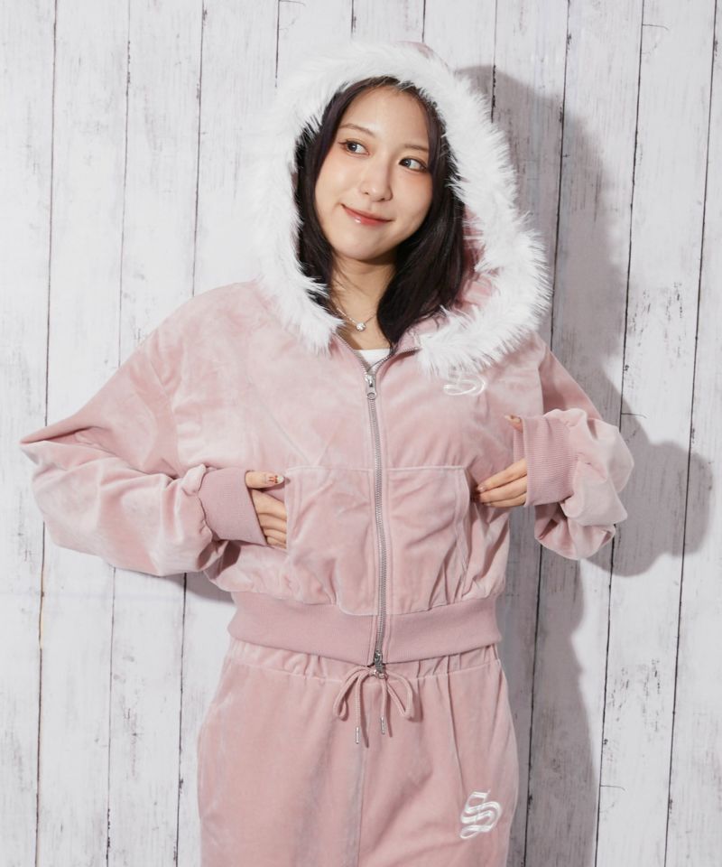 ファーフード×ベロア素材》レディース ジップパーカー セットアップ