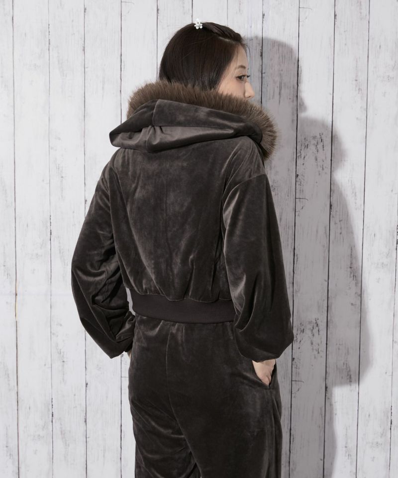 ファーフード×ベロア素材》レディース ジップパーカー