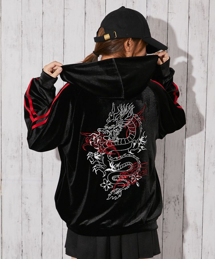 ベロア×ドラゴン刺繍》サイドラインジップパーカー | GORGE